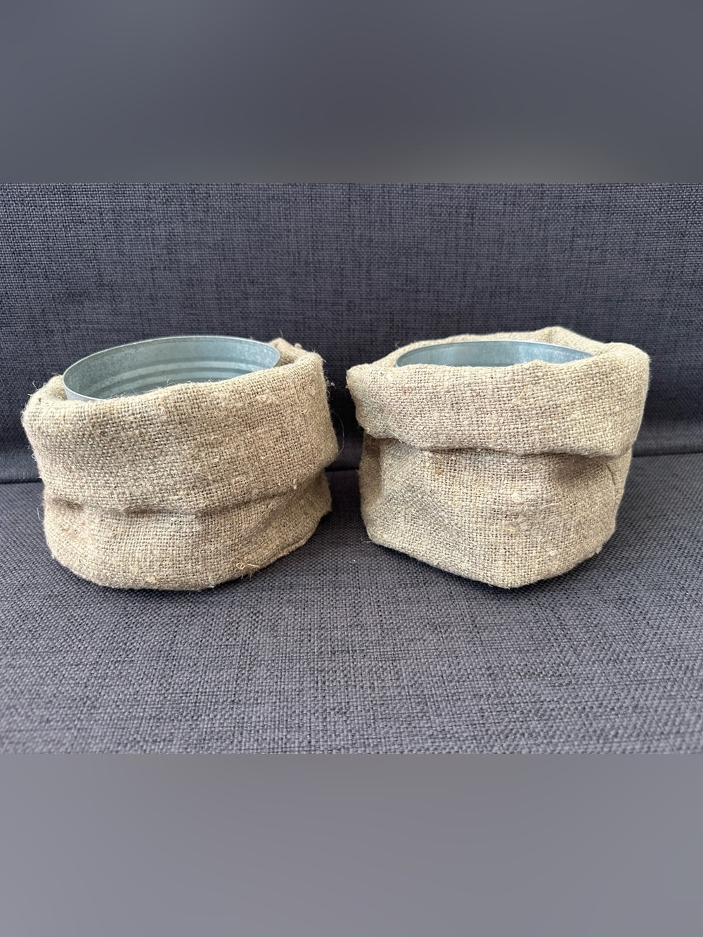 Small Tin Can inside a Burlap Wrapped Metal Planter/Basket/Bin - Set of 2